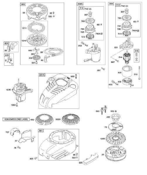 B&S - serijska številka  od 12  121602-0149-E1 B - Ohišje/okovi ventilatorja, elektricni zaganjalnik, vztrajnik, povratni zaganjalnik della Marca Stihl