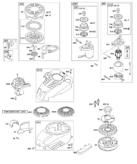 B&S - serijska številka  od 12  121602-0327-E1 B - Ohišje/okovi ventilatorja, elektricni zaganjalnik, vztrajnik, povratni zaganjalnik della Marca Stihl