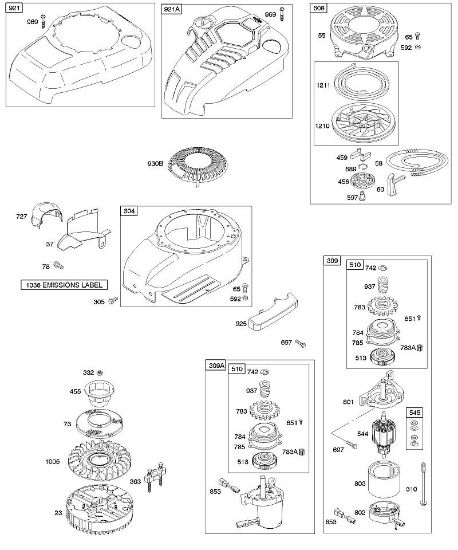 B&S - serijska številka  od 12  122672-0107-E1 B - Ohišje/okovi ventilatorja, elektricni zaganjalnik, vztrajnik, povratni zaganjalnik della Marca Stihl