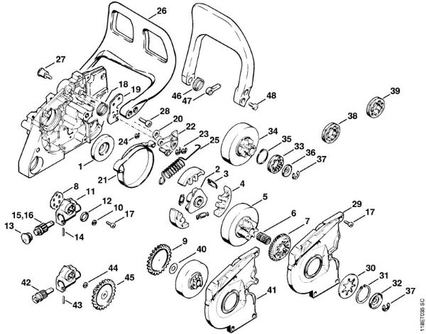 Zage z bencinskim motorjem (MS) 028 Oljna crpalka, zavora verige della Marca Stihl