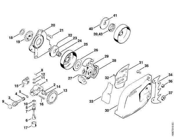 Zage z bencinskim motorjem (MS) 032 AVEW Oljna crpalka, sklopka, pokrov verižnika della Marca Stihl