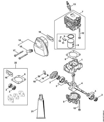 Multi motorji (MM) MM 56 Ohišje zaganjaca, valj, dušilec zvoka della Marca Stihl