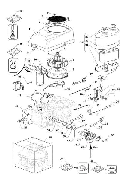 Starter, carburettor and air filter OM 98L/14,5 K H Cat. 2019 Garden tractor