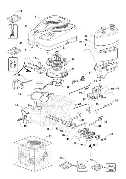 Starter, carburettor and air filter OM 108L/16 K Cat. 2021 Garden tractor