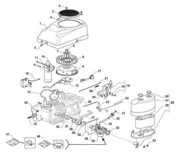 Starter, carburettor and air filter GLX 14-98HS Garden tractor