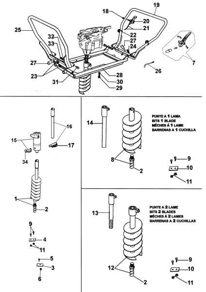 Handle assy and drills MTL 81 R Earth auger